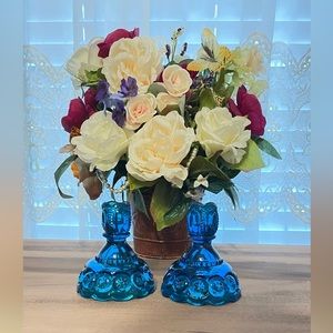 Blue L E Smith Matching Glass Candle Holders Set